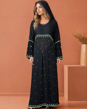 Emerald Accent Embellished Hooded Abaya